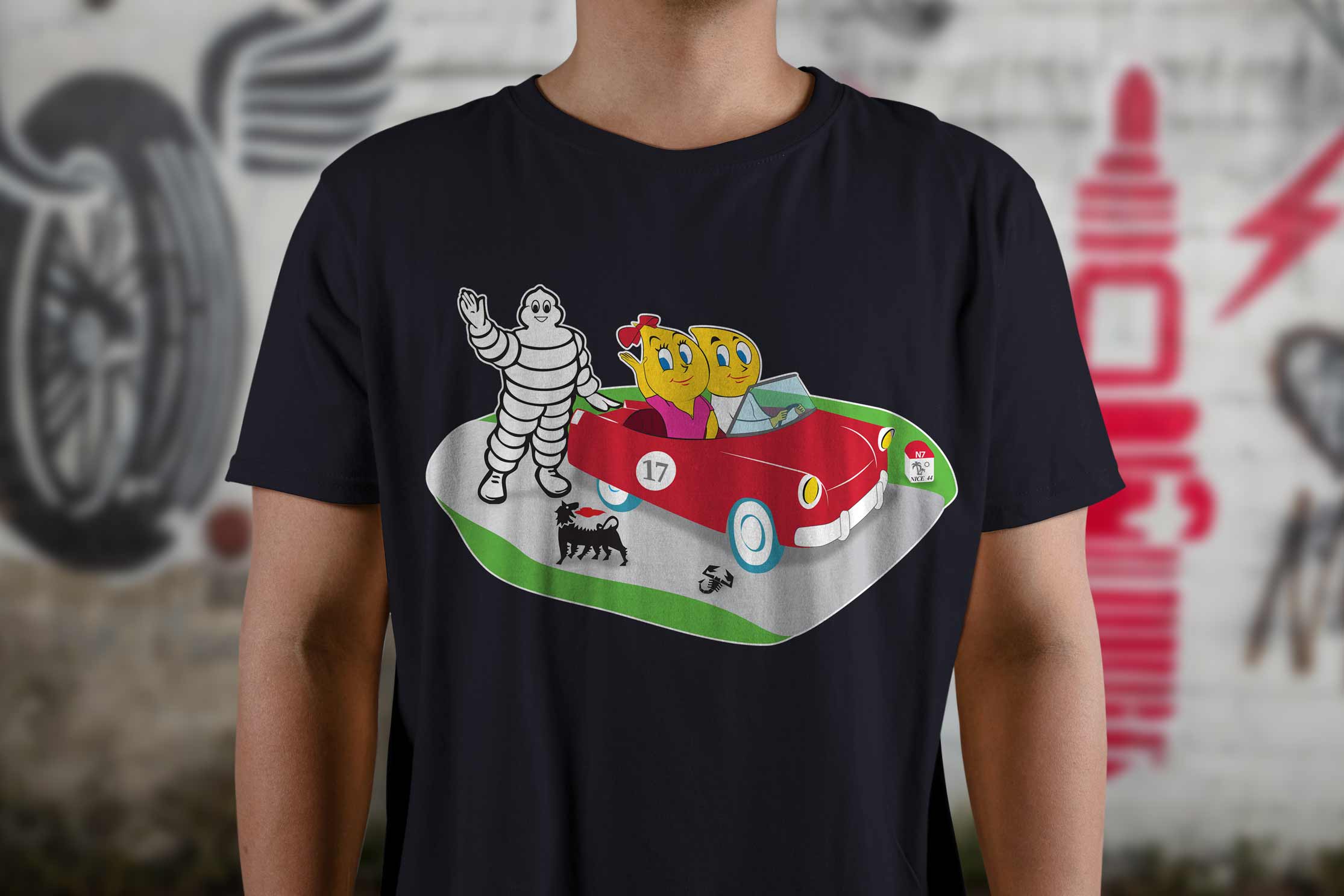 For car lovers and vintage fans! T-Shirt representing two vintage Esso Drop characters who are driving on the Nationale 7. <ul><li>Black T-Shirt (cotton)</li> <li>Quadricolor offset</li> </ul>