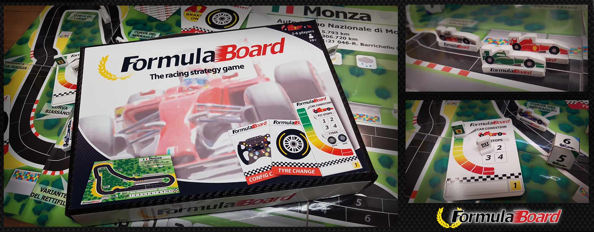 The Formula Board Game box contains: <ul><li>4x mini-cars</li> <li>1 Monza circuit map (8x A5 sheets) </li> <li>1x card set (52 cards)</li> <li>1x Booklet</li></ul>